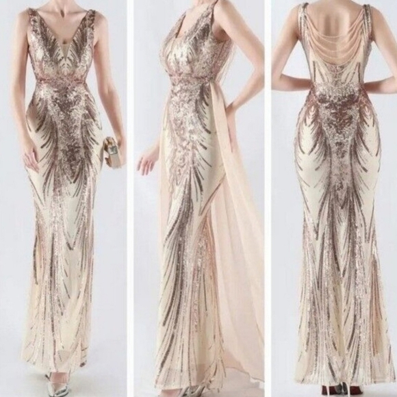 Gold, Double V, Beaded Back,  Draped Skirt,  Contrast Sequined Mermaid Gown - Picture 1 of 16